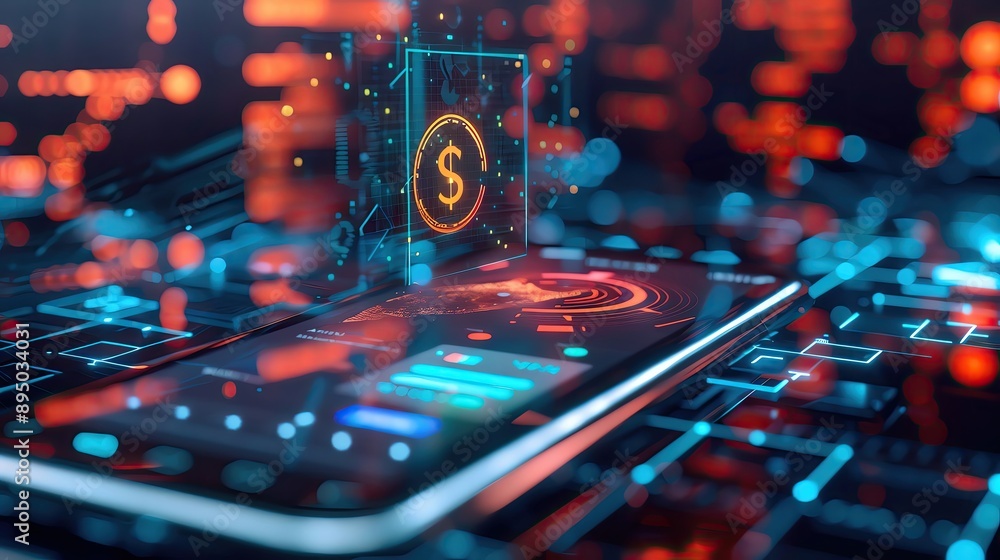 Poster futuristic smartphone with digital currency interface. concept of mobile banking, blockchain technol