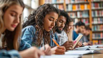 a multicultural group of students engaged in studying various subjects in a college library, showing the diversity of academic interests and student backgrounds, multicultural stud