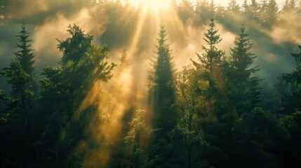 Obraz premium A foggy forest at sunrise, with the sun's rays shining through the dense trees, creating an atmosphere of mystery and peace. Perfect for content about nature, meditation and contemplation.