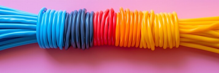 Minimalistic photo of colorful ribbon cables arranged in a spiral against a pink background, showcasing technology and design
