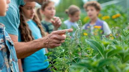 Obraz premium showcasing a class on a nature walk, with a teacher pointing out various plant species. This image highlights outdoor learning and environmental education, perfect for themes of sc