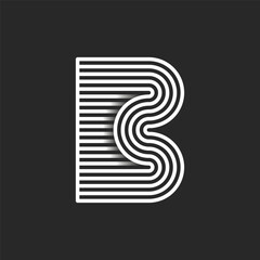 Abstract striped letter B logo design with parallel white lines and black background. Minimal style vector illustration suitable for branding, graphic design projects, and typography art.