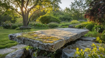 A large, flat stone slab forms a bench in a garden setting, covered in moss and surrounded by vibrant greenery.