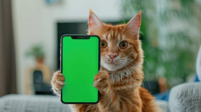 Cat portrait paw holding chroma key phone, touching, clicking, tapping and swiping phone with green screen. Chroma key vertical mock up for advertising, Cat using showimg smartphone.