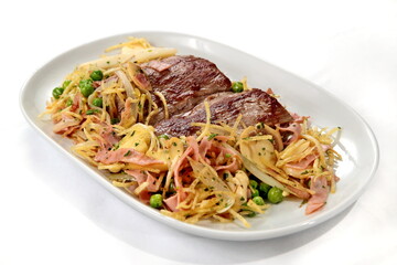 Filet Mignon a Paris, with ham, cheese, peas and French fries