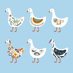 Set of abstract painted cartoon geese. Doodle ornamented goose collection. Rustic, nursery, folk, or Scandinavian style. Vector isolated illustration