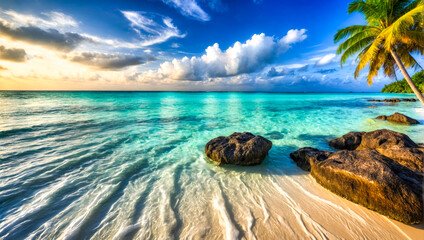 Beautiful and calming beach image is what I'm looking for. I would like the image to showcase a wide view of the beach, with clean sand and clear ocean water