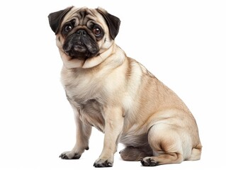 Obraz premium Adorable pug sitting against a white background, showcasing its distinctive wrinkled face and expressive eyes.