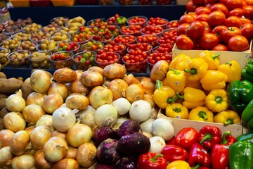 Fresh Vegetables And Fruits On Display At A Market