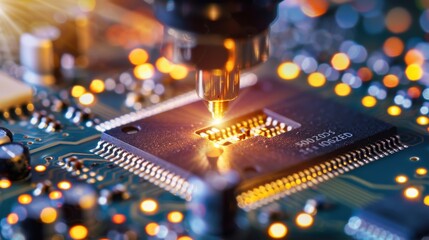 A computer chip is shown in a close up with a yellow glow