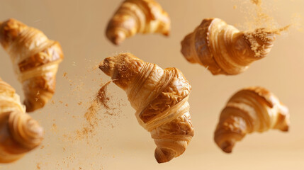 croissants falling in the sky, fresh and delicious pastry