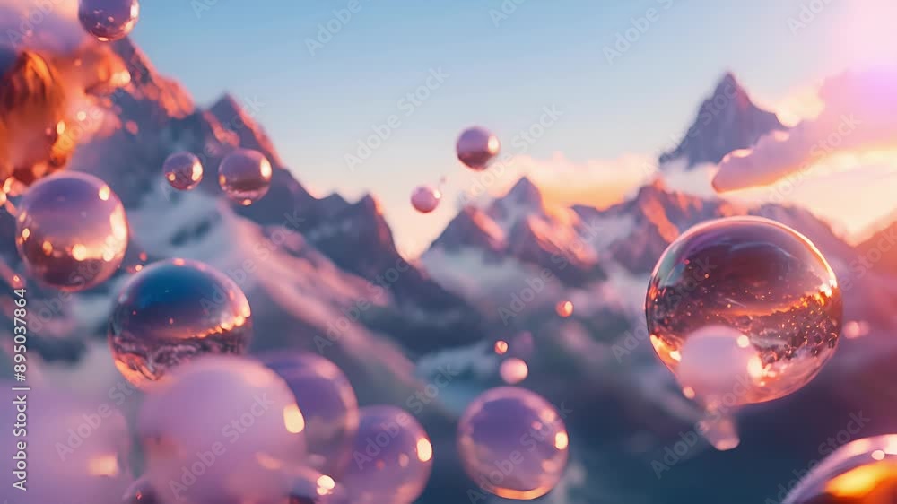 Poster vibrant floating orbs hover around a mountain range almost appearing to be keeping the mountains afl