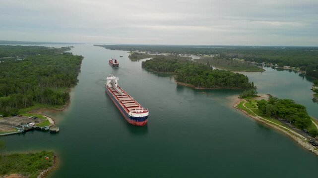 Aerial view of large shipping freighters passing eachother in St. Mary's River, Sault Ste. Marie, Michigan