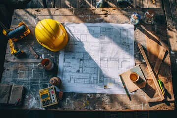 Architectural Blueprint and Tools on Construction Desk