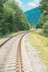 Obraz premium a railway track passing through mountains and forests 