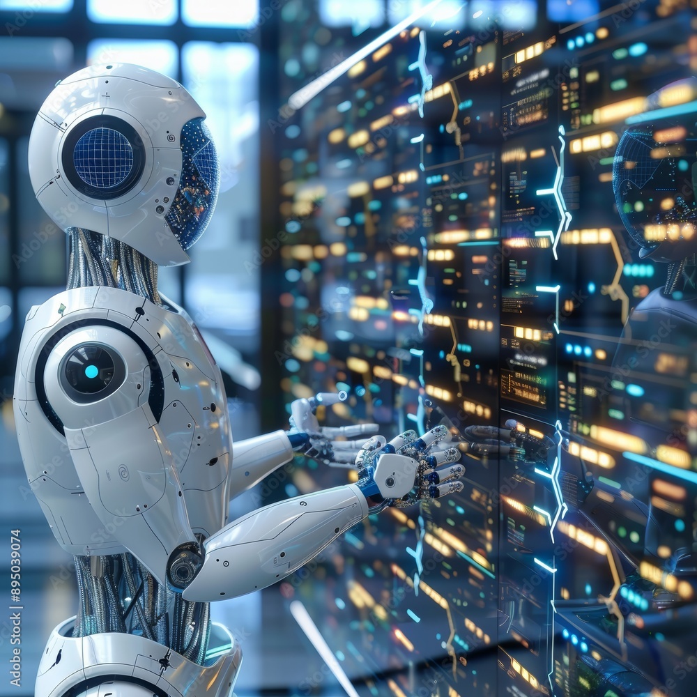 Poster a humanoid robot in a modern laboratory, engaging with an advanced digital interface. the scene high