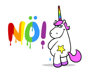 Freches rosa Cartoon Einhorn pinkelt das Wort Nö!