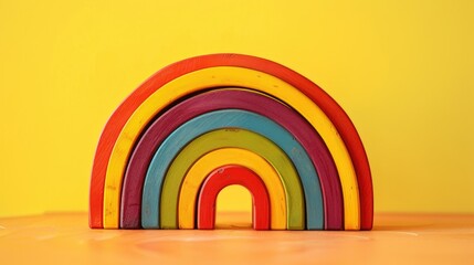 Fototapeta premium Vibrant wooden rainbow on yellow background from montessori teaching approach