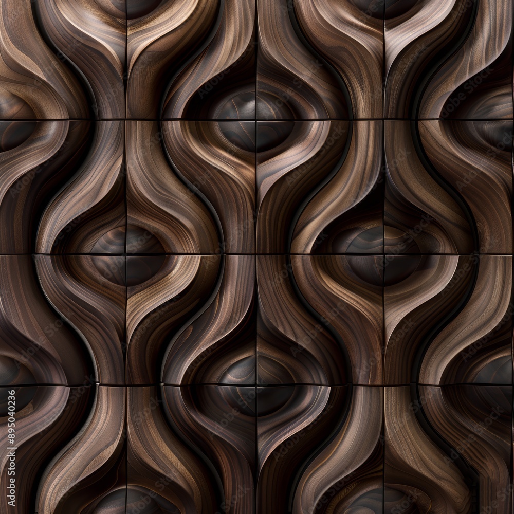 Poster features an abstract 3d rendering of a brown wave pattern made of wood or metal. the seamless patter