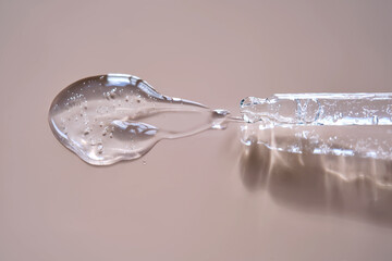 Pipette with cosmetic hyaluronic anti-aging serum on a dusty pink background.