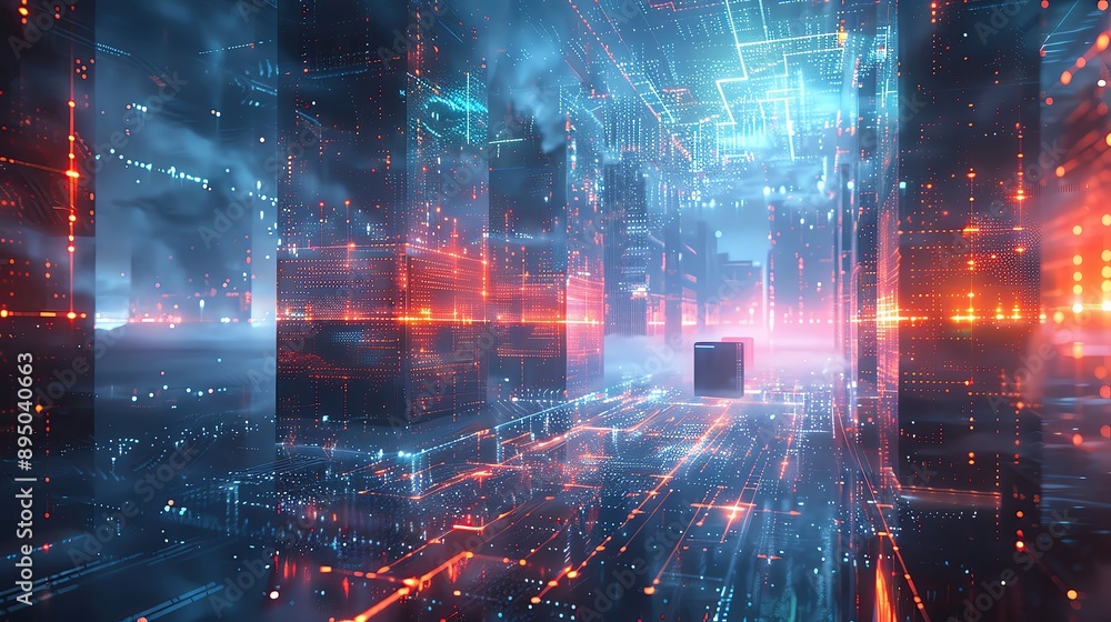 Poster futuristic digital landscape with glowing lines and 3d structures, representing technology concepts 