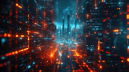 Futuristic cyber cityscape lit with vibrant blue and orange lights, representing advanced technology and digital innovation.