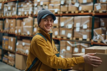 Fototapeta premium Efficient Delivery Person Handling Packages with Professionalism in Logistics Industry