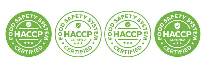 HACCP Hazard Analysis Critical Control Points, Food Safety system, logo, badge, icon, sticker, label, emblem, stamp, symbol, green, golden, flat vector, isolated illustration. HACCP Certified.