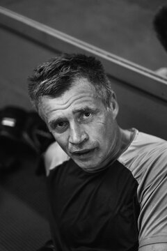 Man after boxing training in the gym.