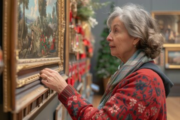 Obraz premium Professional Curator Arranging Exhibit in Museum - Profile View of Dedicated Museum Worker Organizing Art Display with Care and Precision