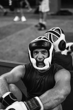 Boxers fighting in boxing training in the gym.