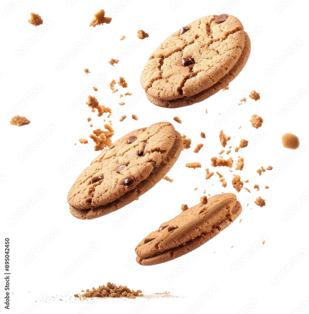 Poster PNG  Floating chocolate chip cookies crumbs