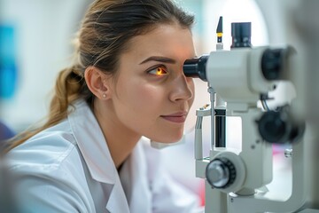 Fototapeta premium Close-up of Optometrist Conducting Eye Examination, Professional Vision Care Specialist in Action