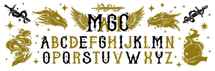Magic alphabet linocut print, vector fantasy font, fairy tale mystic typeface, dragon head, wings. Mystery engraving letters, mythology gothic decorative sign, poster design object. Magic alphabet abc