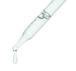 Dripping cosmetic serum from pipette isolated on white