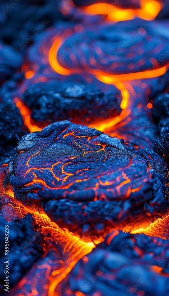 Poster molten lava rock glows and swirls in a mesmerizing display of heat and movement. the vivid blue and 