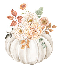 Beautiful pastel pumpkin floral arrangement in rustic style. Hand-painted white pumpkin with pastel-colored flowers and dry leaves, isolated PNG clipart. Thanksgiving day card. 