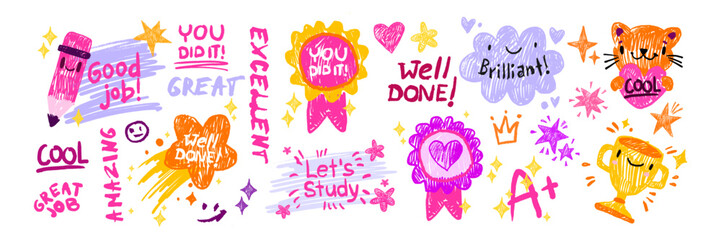 Kids doodle motivational sticker set, vector school child inspiration quote hand drawn baby scribble. Kindergarten class graduate badge, colorful crayon handwriting star medal. Kids doodle lettering © Oleksandra