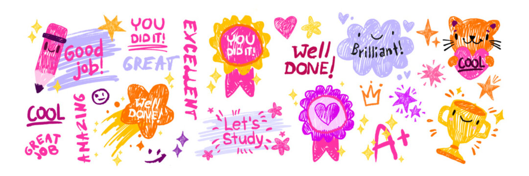 Kids doodle motivational sticker set, vector school child inspiration quote hand drawn baby scribble. Kindergarten class graduate badge, colorful crayon handwriting star medal. Kids doodle lettering