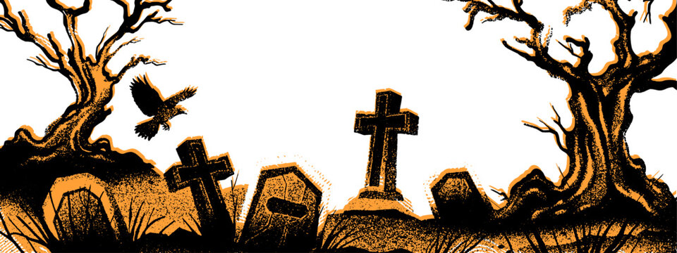 Halloween graveyard landscape, vector scary holiday cemetery view, stone tomb, cross, old tree, crow. Spooky gravestone frame, vintage photocopy grain creepy print effect. Halloween graveyard poster