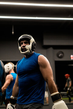 Boxers fighting in boxing training in the gym.