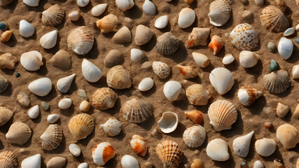 Fototapeta premium Beach sand with seashells and small stones. Generative AI