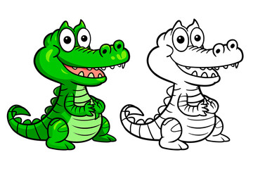 Obraz premium Cartoon animals, funny drawn crocodile with contour lines isolated on a transparent background. Simple animal Clip Art, Printable crocodile Coloring Page. Simple coloring book for children.