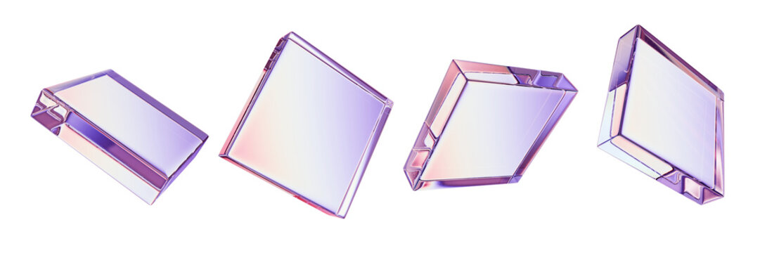 3D glass square screen set, transparent crystal flying rectangle icon holographic purple glossy cube. Acrylic plastic shape, different angles futuristic reflective design object. Geometric 3D glass