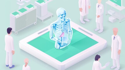 A group of people are standing around a table with a skeleton on it