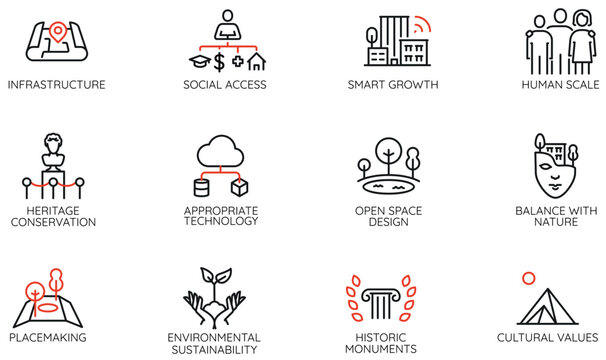 Vector Set of Linear Icons Related to Balance of Cultural Heritage and intelligent urbanism. City Infrastructure. Mono line pictograms and infographics design elements