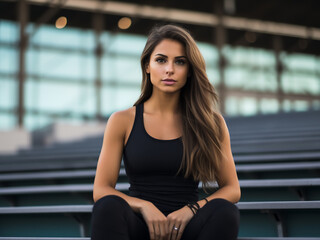 Fototapeta premium Brunette sport girl posing at the stadium, relaxing after a workout
