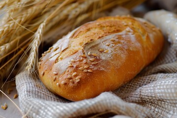 Loaf of bread setting besides some wheats