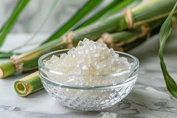 Sugar crystals in a classy glass bowl setting beside sugarcane green stalks plant