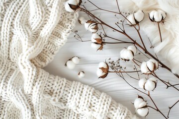 White sweater with a cotton bolls and cotton rolls